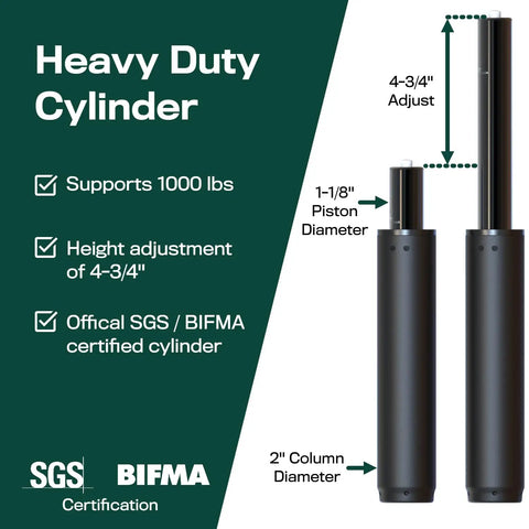 Diagram of heavy duty cylinder with dimensions for chair cylinder replacement with removal tool for quick fix on desk and gaming chairs.