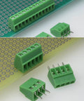 50 Pack 2.54mm 0.1 Inch Pitch PCB Mount Screw Terminal Block Connector 2P 3P 4P 150V 6A Rating, green blocks on board