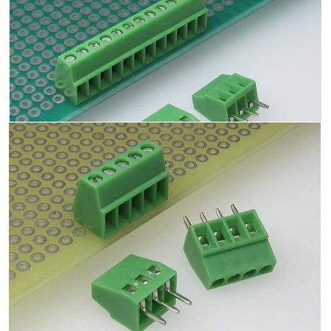 50 Pack 2.54mm 0.1 Inch Pitch PCB Mount Screw Terminal Block Connector 2P 3P 4P 150V 6A Rating, green blocks on board