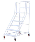 Dang Sturdy Six Step Rolling Ladder Easy Roll Mobility Non Slip Alloy Steel Climbing Platform For Warehouse Garage Library Shelving Heavy Duty Walking Rack White 880 Lb Weight with red wheels, in profile view.
