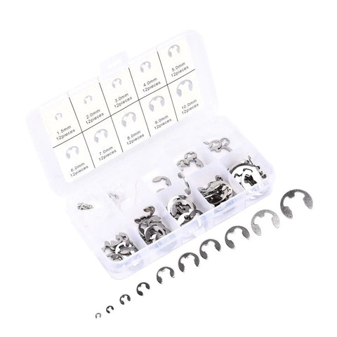 Heavy Duty Stainless Steel Snap Ring Set Kit 120 Pieces With 10 Sizes M1.5 To M10 in open plastic storage box