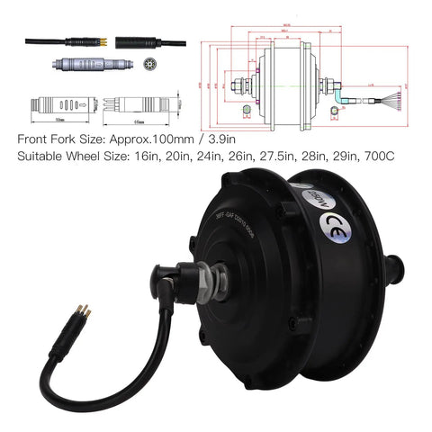 Street-Ready Powerhouse 36V 250W Waterproof Front Wheel Hub Motor Kit with connector and dimensions, for e-bikes