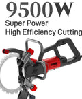 Badass 9000W Corded Concrete Saw With Linkage Water Pump For Zero Dust Slash Brick Cement And Masonry Fast Setup No Hassle Workhorse Grade Industrial Reliability, showing detailed blade and motor.