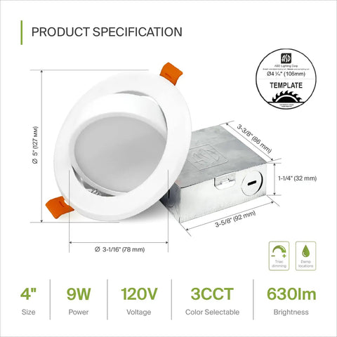 Gimbal 4 Inch LED Recessed Lights With Adjustable Color Temperature 3000K 4000K 5000K, 110 Degree Beam, Product Specification