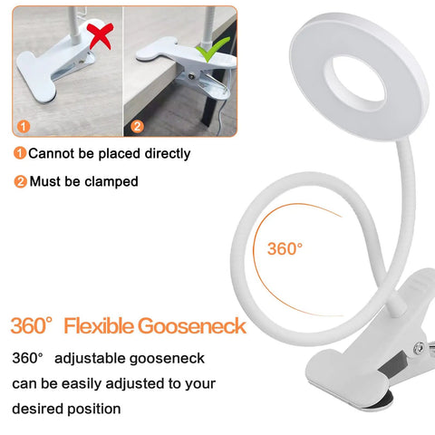 Lit Desk Clamp Lamp With LED Ring Light Featuring 3 Color Temperatures And 10 Brightness Levels Each, 360-degree gooseneck
