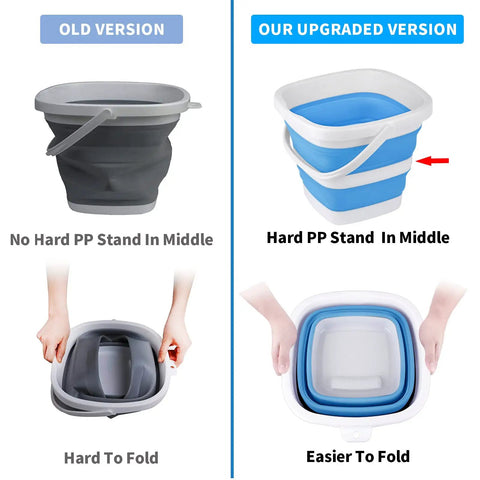 Comparison of old grey bucket without PP stand and new blue 2 Pack Collapsible Buckets 5L 1.3 Gallon Portable Cleaning Bins