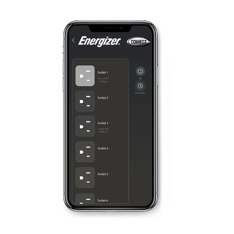 Smart Wi Fi Power Strip Surge Protector With Four Outlets Two Usb Ports app interface on smartphone showing socket control.