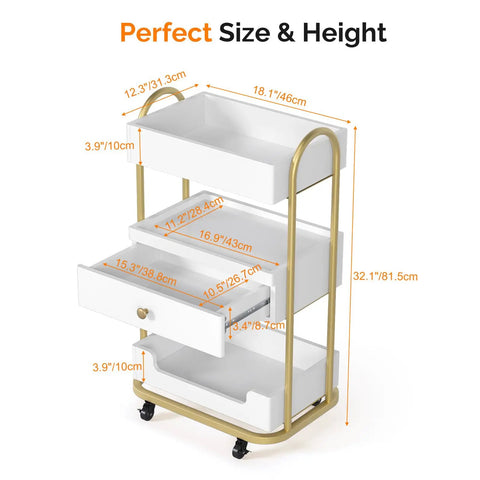 Salon Trolley Cart With Three Trays And One Drawer Mobile Hair Styling Station On Two Lockable Wheels Pro Grade Esthetician Cart For Beauty Spa And Barbershop Large White Storage Cabinet with dimensions labeled.