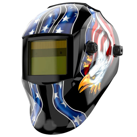 Solar Powered Auto Darkening Welding Helmet With Adjustable Shade Range 3.5/9-13 External Grind Knob Sensitivity Blue Eagle Design