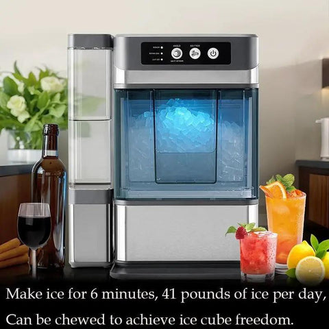 Large Capacity Countertop Ice Maker With No Fuss Self Cleaning And Three Liter Detachable Tank, producing nugget ice for drinks.