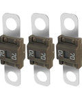 Three Piece Built Tough Bolt On Midi Fuses Featuring Fork Mount Design Rated At 70A High Current Capacity Copper Plated Universal Protector For Street Trucks And Work Haulers, showing three fuses with 70A rating.