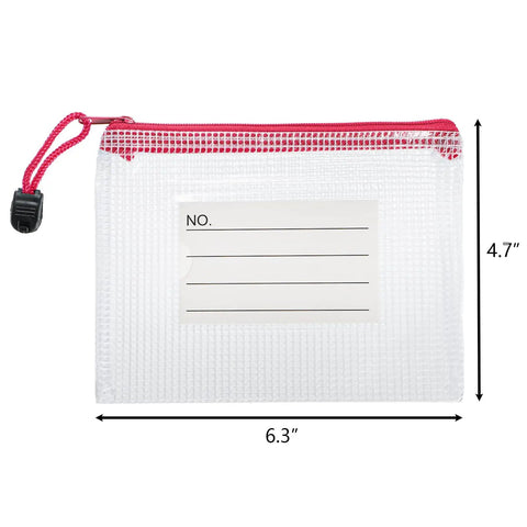 Front view of a transparent A6 size 6.3 by 4.7 inches zipper mesh pouch with a red zipper, featuring a label pocket.