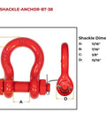 Twenty Piece Three Eighth Inch Forged Carbon Steel Anchor Shackles With Safety Bolt Pins Two Thousand Pound Working Load, showing red shackle with dimensions.