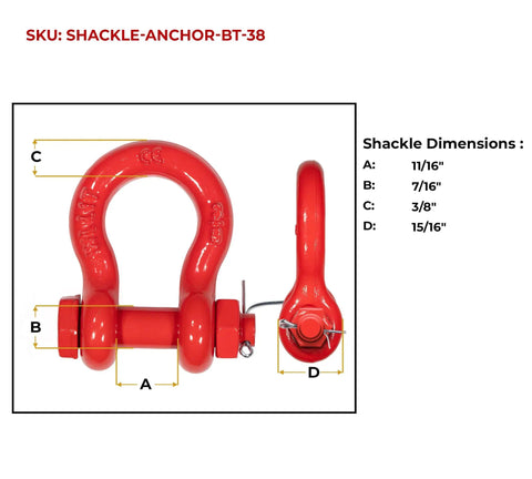 Twenty Piece Three Eighth Inch Forged Carbon Steel Anchor Shackles With Safety Bolt Pins Two Thousand Pound Working Load, showing red shackle with dimensions.