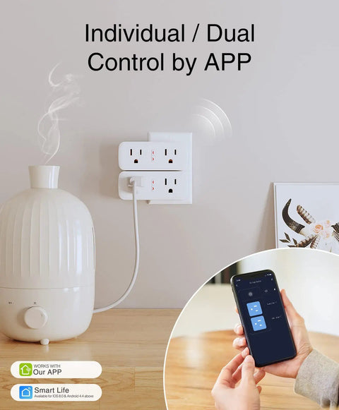 Dual Smart Plug Outlet Extender With Surge Protector, Works With Alexa And Google Home shown controlling a humidifier via app