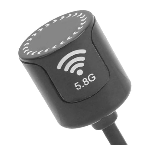 Close-up of Bangin 5.8Ghz MMCX 2.8dBi RHCP High Gain Antenna for FPV drones with bent head, showing 5.8G label.