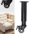 Heavy Duty Metal Adjustable Furniture Legs With Casters For Smooth Rolling No Fuss Coffee Table Legs And Cabinet Hardware Replacement Four Piece Set For Desks Tables Cabinets And More, shown on an armchair and single caster close-up