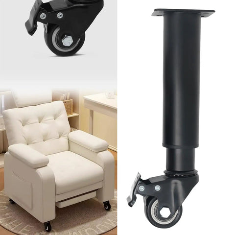 Heavy Duty Metal Adjustable Furniture Legs With Casters For Smooth Rolling No Fuss Coffee Table Legs And Cabinet Hardware Replacement Four Piece Set For Desks Tables Cabinets And More, shown on an armchair and single caster close-up