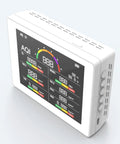 Indoor Air Quality Monitor With Noise Sensor And Real Time CO2 PM25 HCHO TVOC AQI Db Meter Color Coded Indicators Portable For Home Office Baby Room White, angled front view