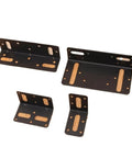 Heavy Duty L Shaped Corner Brackets Rust Proof Stainless Steel Shelf Supports Black metal braces in four sizes for furniture reinforcement.