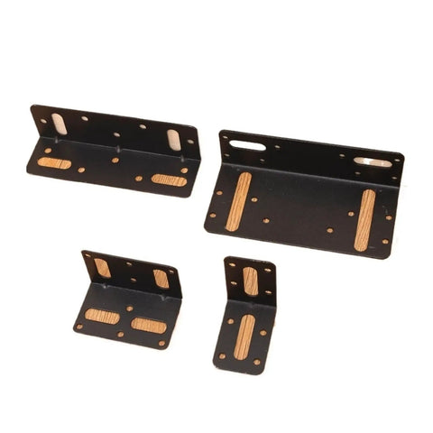 Heavy Duty L Shaped Corner Brackets Rust Proof Stainless Steel Shelf Supports Black metal braces in four sizes for furniture reinforcement.