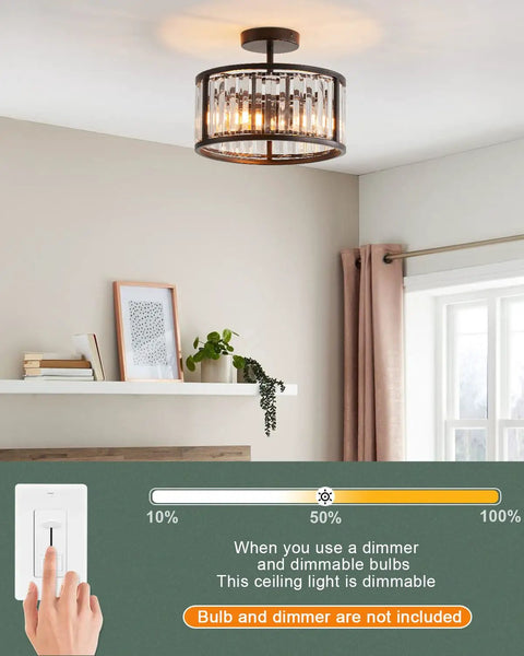 Black Flush Mount Ceiling Light Two Light Crystal Chandelier With Caged Drum Design in modern living area setting.