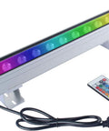 36W RGB Wall Washer Light IP65 Waterproof Outdoor LED Strip with remote showing 16 colors and four modes, ideal for bridges and hotels.