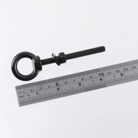 Stainless Steel Eye Bolts With Nut And Washer Set M8 3 Inch Threaded 10 Pack Rugged Anti Rust Corrosion Resistant For Indoor Outdoor Use Integrated Eye Ring For Secure Rope Cable And Strap Connections Heavy Duty Load Bearing black-coated M8 eye bolt with nut and washer beside ruler
