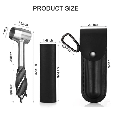Survival Ready Bushcraft Hand Auger Wrench With Flint Scotch Eye Wood Drill Peg And Manual Hole Maker Multitool in leather case. Product dimensions displayed.