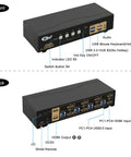Slick Dual Monitor KVM Switch Delivers HDMI 4K at 60Hz, showing front and back layout with USB ports and switch buttons.