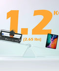 Kortek 10W Laser Engraver Desktop Cutter balanced with tablet, showing 1.2 kg weight for home projects and portability