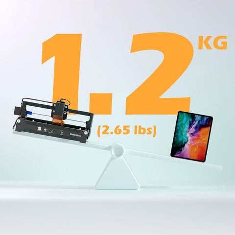 Desktop Laser Engraver Kortek 5W Dope Portable shown balancing on a scale with a tablet, illustrating its lightweight 1.2 kg.