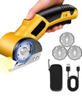 Heavy Duty Cordless Electric Box Cutter With Premium SK5 Blades Powers Through Cardboard Carpet And Fabric No Sweat Features LED work light with blades and USB charger.
