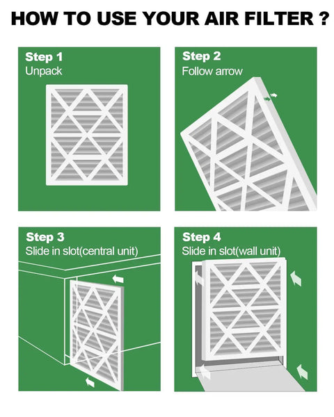 Installation guide for 20x20x1 MERV 8 Pleated HVAC Filter, showing unpacking and insertion into furnace and AC slots.