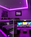 Room with 20Ft LED Black Light Strip Kit With 360 LEDs 12V Flexible Ultraviolet Light illuminating ceiling, desk, and bed.