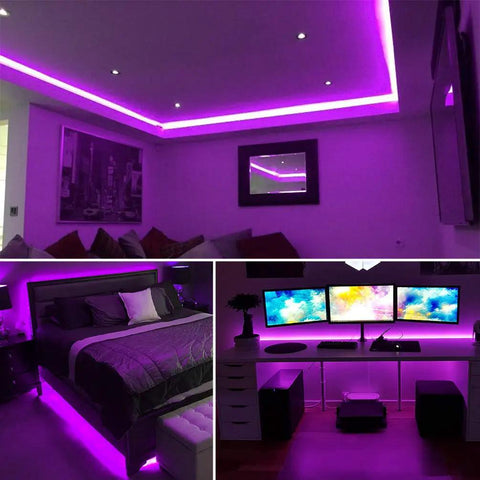 Room with 20Ft LED Black Light Strip Kit With 360 LEDs 12V Flexible Ultraviolet Light illuminating ceiling, desk, and bed.