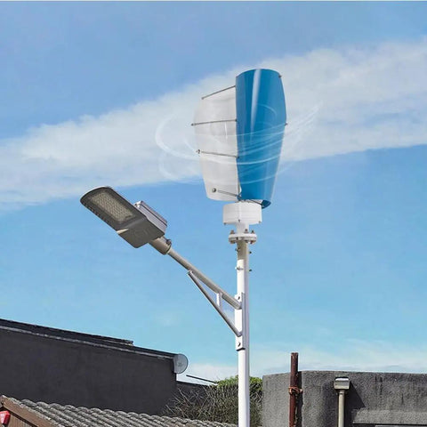 Dead Quiet 12V 3000W Outdoor Emergency Wind Turbine Kit With Controller installed on a pole, blue spiral blades under clear sky