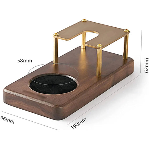 Boss Grade Wood And Copper Espresso Tamper Station Heavy Duty Coffee Tamping Stand with dimensions 190x96mm and 58mm portafilter holder.