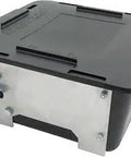16 Inch Length 16 Inch Wide 7 Inch High Molded Plastic High Drain Pan With Built In Pump, side view showing crank handle