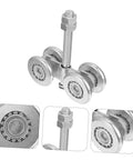 Sliding Door Track Roller Set For Heavy Duty Industrial And Home Use Replacement Steel Barn Door Wheel, close-up view.