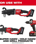 Milwaukee Big Hawg carbide hole saw; four red Milwaukee cordless tools with batteries