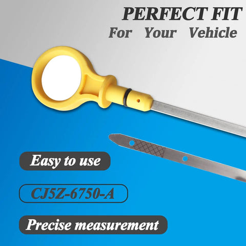 Engine Oil Level Dipstick Indicator Compatible With Ford Edge Escape Explorer Focus Fusion Taurus And Lincoln Continental MKC MKT MKX MKZ Replace 2.0L Fluid Indicator Oil Stick CJ5Z-6750-A highlighted on blue and gray background with precise measurement text