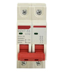 Top Notch Rock Solid Heavy Duty Two Pole Double MCB Circuit Breaker Rated Up To Sixty Three Amps At Five Hundred Volts For Solar PV Installations And Terminal Power Distribution Setups Ready To Roll, featuring front view with labels and red toggle switch.