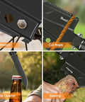 Foldable Camping Shovel With 30.4 Inch High Carbon Steel Build, Portable 10-In-1 Multi Tool showcasing various tool features