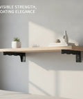 Wooden shelf supported by hidden L shaped steel floating shelf bracket in black wall mount for home storage, decor visible