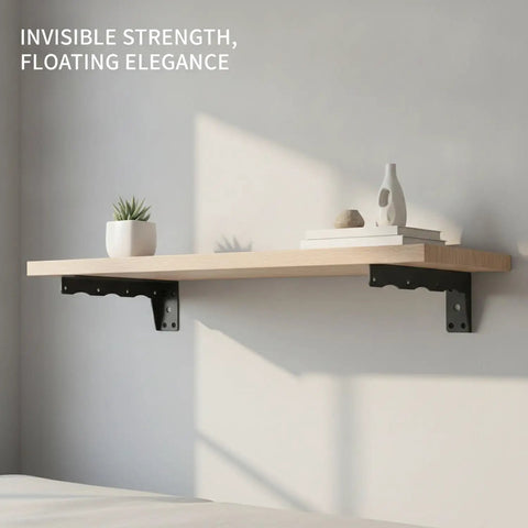 Wooden shelf supported by hidden L shaped steel floating shelf bracket in black wall mount for home storage, decor visible