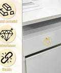 4 Pack Gold Cabinet Knobs With Screws installed on white drawer, features metal material, robustness, stable design; brushed gold ring pulls.