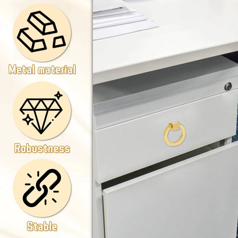 4 Pack Gold Cabinet Knobs With Screws installed on white drawer, features metal material, robustness, stable design; brushed gold ring pulls.