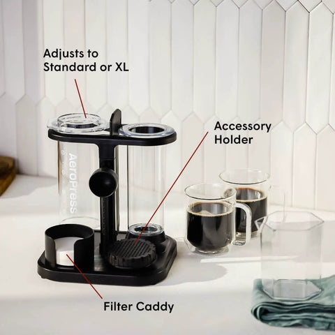 Compact Coffee Gear Organizer Stand For Manual Coffee Makers with AeroPress filter caddy and accessory holder on a counter.