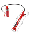 Side view of a red 20-ton porta power hydraulic jack kit with pump, hose and ram for auto body frame repair.
